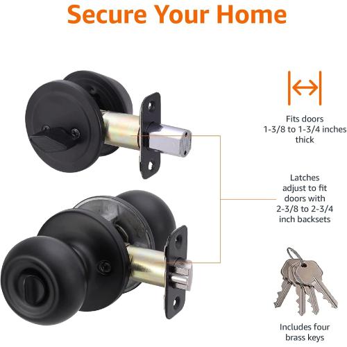 Amazon Basics Exterior Door Knob with Key Lock and Deadbolt, Keyed Alike, Coastal, Matte Black