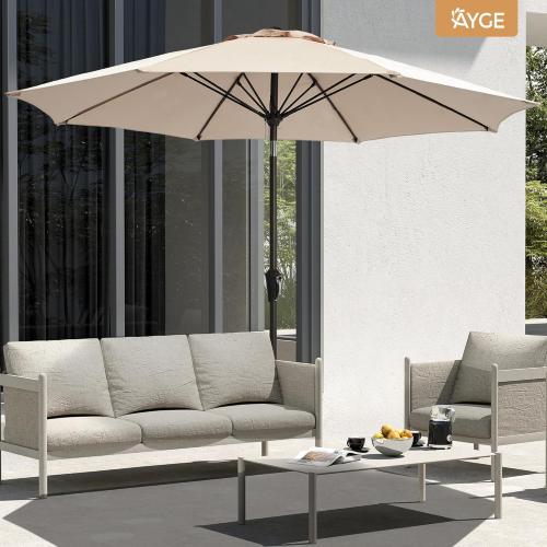Ayge 9 FT Patio Umbrella Outdoor Table Umbrella Fiberglass Frame Beige | 9 FT fiberglass frame, crank & tilt, 8 ribs, 180G UV50  canopy. Wind fade resistant. Suitable for patio, deck, pool, garden.