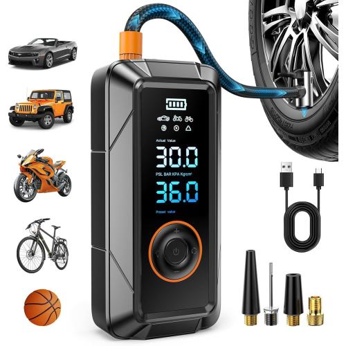 Tire Inflator Portable Air Compressor, Cordless & 12V DC Air Inflator for Car Bikes MotorcycleTires Balls with Auto Shut-Off, Digital Pressure Gauge, Compact Emergency Pump