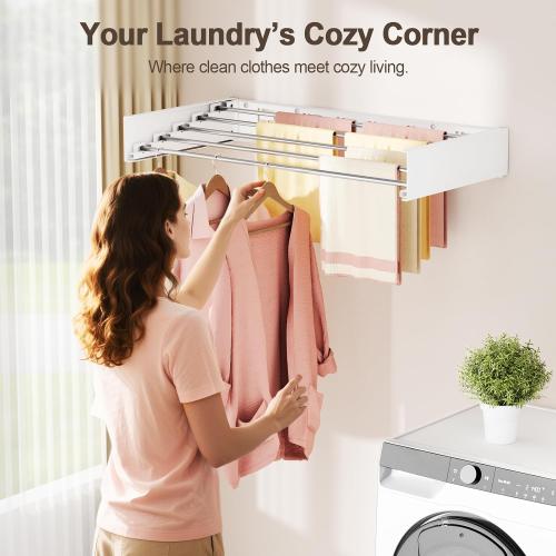 Wall Mounted Clothes Drying Rack Folding Indoor, Foldable Laundry Drying Rack Collapsible,Invisible, Space Saving, Retractable Towel Drying Rack, with Wall Template(5 Drying Rods, White 32)