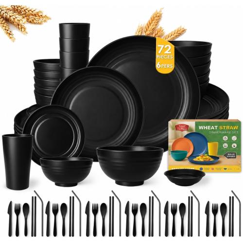 Teivio 72-Piece Kitchen Plastic Wheat Straw Dinnerware Sets for 6, Dinner Plates, Plates and Bowls Sets,Cups, Flatware, Sauce Dish,Dishwasher Safe, Unbreakable Apartment RV Camping Dishes, Black