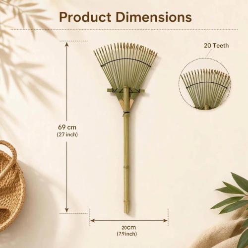 Bamboo Garden Rake 20 Tines 27 Inch Hand Leaf Rake for Yard Lawn Soil Care
