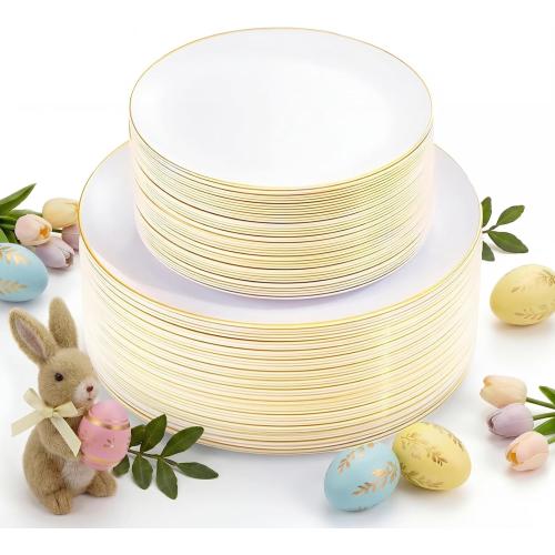 KIRE 100PCS Disposable Plates - White with Gold Rim for Easter/Wedding/Spring Party- Includes 50Pieces 10.25inch Dinner and 50Pieces 7.5inch Dessert/Salad Plates