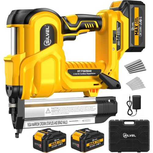 SILVEL 2 Cordless Brad Nailer, 2-in-1 21V Electric Brad Nailer with 2 * 2.0Ah Battery, 1000pcs Nails, 18GA Staples, Adjustable Depth for Woodworking, Home Improvement, yellow