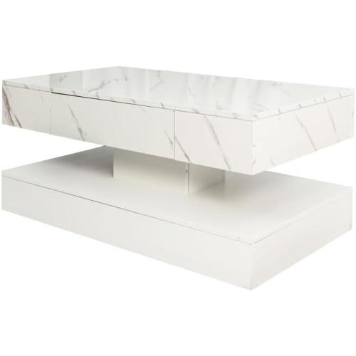 Polibi 16.93IN High LED Coffee Table with Remote Control - RGB Color Changing Light, Storage Drawer, Modern Design for Living Room, Farmhouse & Office, White