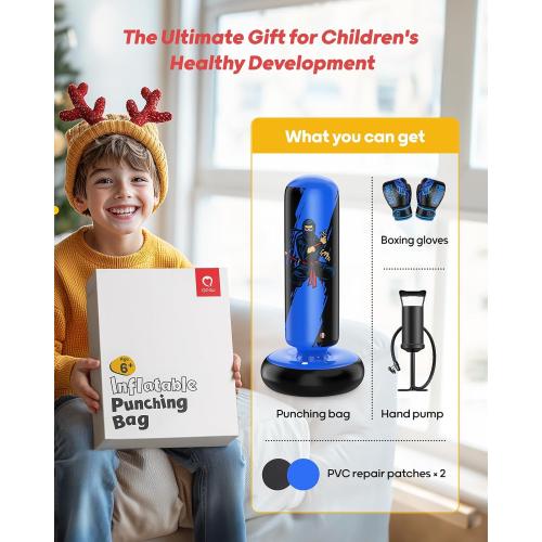 QPAU Punching Bag for Kids, 66 Inch Stable Inflatable Boxing Bag with Boxing Gloves, Stand Kids Punching Bag Toy for Boys & Girls Age 6-12, Boxing Set for Practicing Karate, Taekwondo, MMA