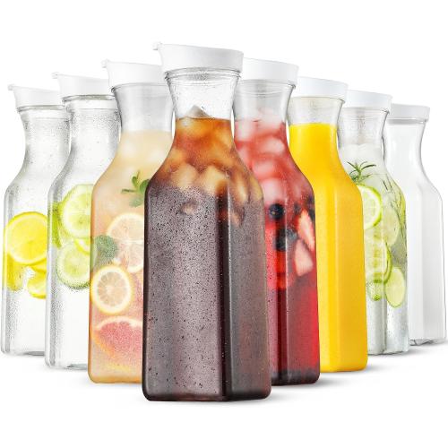 Plastic 8 PACK Large 50 Oz Water Carafe with Flip Top Lid, Square Base Juice Containers, Clear Plastic Pitcher - for Water, Iced Tea, Juice, Beverage, Milk, Cold Brew and Mimosa Bar - HAND WASH ONLY