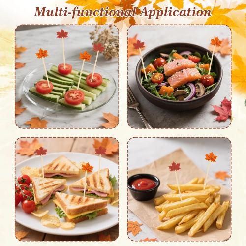 Fall Thanksgiving Cocktail Picks, 200 Pcs Maple Leaves Cocktail Toothpicks, Fancy Bamboo Toothpicks Skewers for Appetizers Charcuterie Food Fruit Drinks AutumnThanksgiving Themed Party Decor Supplies