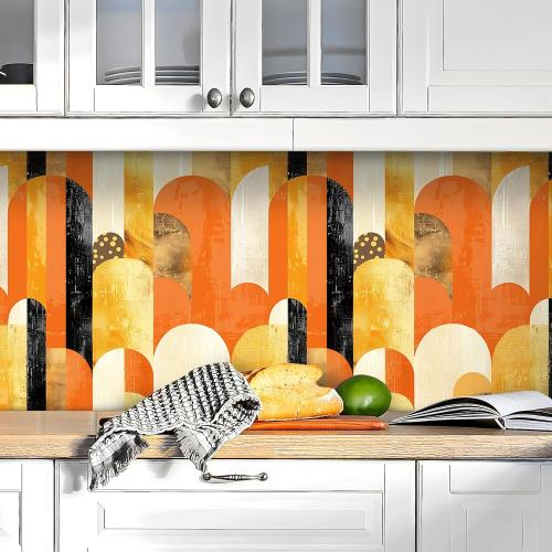 Livelynine 17.5x276 Bright Funky Peel and Stick Wallpaper Geometric Retro Orange Black Gold Yellow Wall Paper Renter Friendly Arched Vinyl Covering Watercolor Funky Pattern Contact Paper for Cabinets