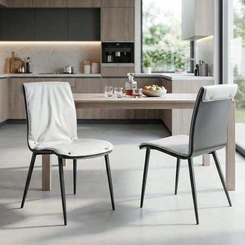 Dining Chairs Set of 2, Gray Upholstered Faux Leather Kitchen Chairs with Sturdy Metal Legs, Ergonomic Dining Room Chairs with Cushion Seat & Back for Living Room, Apartment, Restaurant