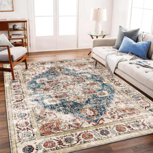CHAMPLANT Beige Blue Washable Area Rug Boho Chic Medallion Distressed Design Non-Shedding Easy Care Ideal for High Traffic Areas in Living Room Bedroom Office Coffee Table Large Carpet ‼️light fuzz on carpet‼️