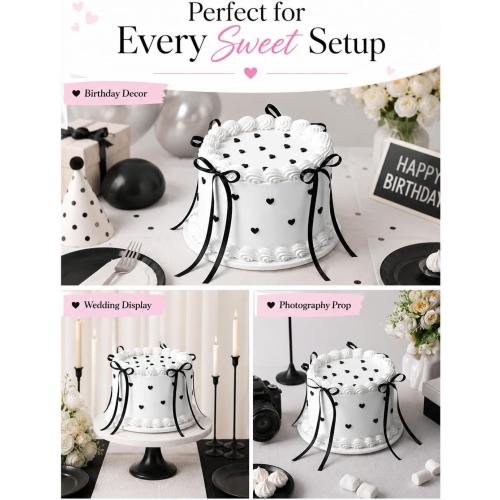 USED ‼️ 6 Inch Black Bow Fake Cake, White Round Artificial Cake Decor Black Bow-round