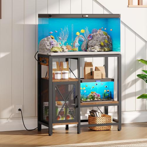 MAHANCRIS 20-37 Gallon Fish Tank Stand, Aquarium Stand with Power Outlet and Storage Cabinet, Heavy Duty Tank Stand Suitable for Turtle Tank, Reptile Terrarium, for Home Office, Rustic Brown FTHR40E01
