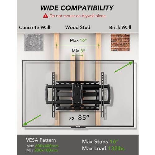 Full Motion TV Wall Mount Bracket for Most 32-85 inch TVs,TV Mount with Dual Articulating Arms,Tilt/Swivel/Extension/Leveling,Fits 8” 12” 16 Studs,Max VESA 600x400mm, Holds up to 132lbs