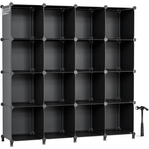 16 Cubby Storage Organizer, Closet Clothes Storage Organizer, Cube Shelves Closet Organizers and Storage Shelves for Clothing Storage with Hammer, Bookshelf for Kids（Black）
