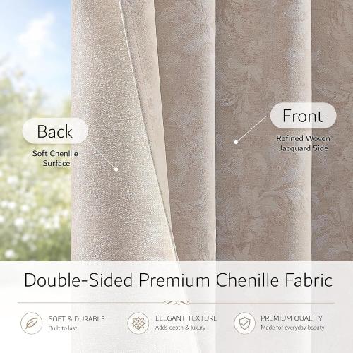 Floral Jacquard Beige Blackout Curtains for Bedroom 84 Inch Long 2 Panels