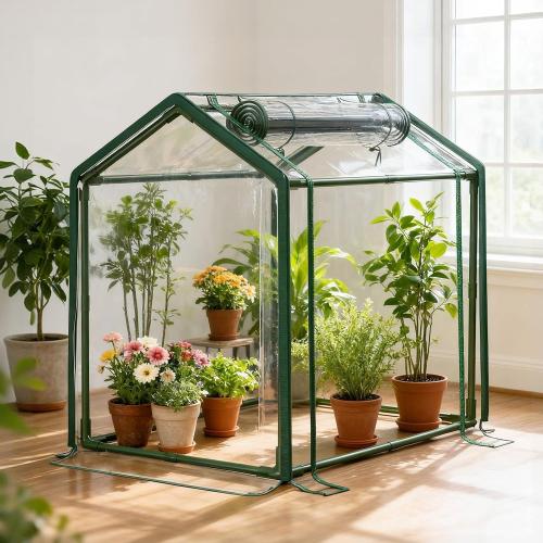 Mini Greenhouse with Zippered Doors & Roll-up Windows, Elevated Bottom Portable Plant Hot House with Durable PVC Cover, Water Resistant, UV Protected for Outdoor Flowers, Vegetables