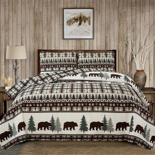 Market & Place 3 Piece Reversible Quilt Set with Shams | All-Season Soft & Lightweight Bedspread | Rustic Lodge Cabin Printed Plaid Design | Cedar Creek Collection (Full/Queen, Chocolate/Green)