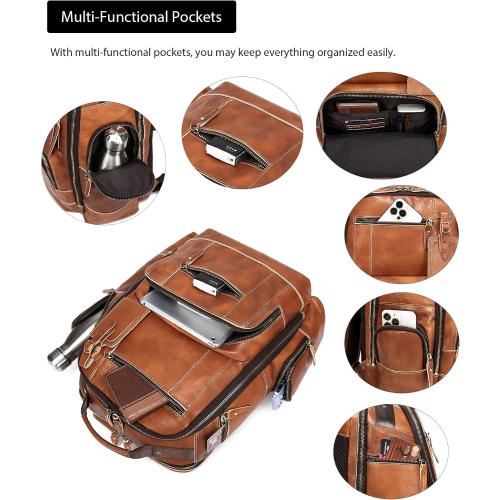LANNSYNE Leather Backpack for Men, 15.6 Laptop Backpack, 24L Rucksack