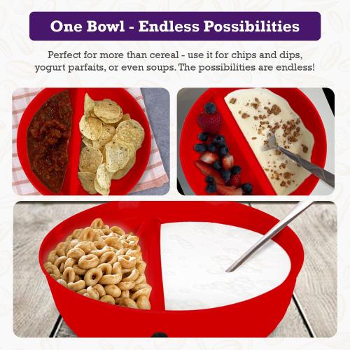 Just Solutions Crunch Anti-Soggy Cereal Bowl - Keeps Cereal Fresh & Crunchy | BPA Free | Microwave Safe | Ice Cream & Topping, Yogurt & Berries, Fries & Ketchup and More - Red