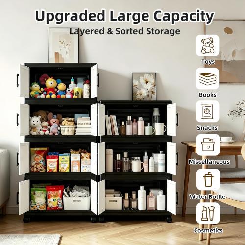 Color- black, Foldable Storage Cabinet with Doors and Wheels, 4 Tier Stackable Organizer, Freestanding Pantry Cabinet for Kitchen, Snacks, Toys, Bedroom, Home Office