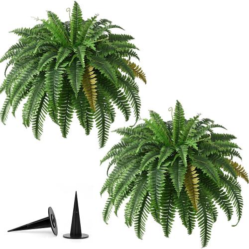 2PCS 45in Fake Ferns- Large Artificial Plants Outdoor, UV Resistant Artificial Ferns for Outdoors, 60 Branches Faux Boston Fern Realistic Weatherproof Fake Plants for Porch Home Patio Hanging Decor