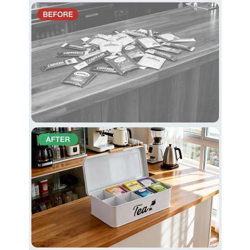 Farmhouse Tea Bag Organizer, Tea Bag Holder with 8 Compartments for Countertop, Tea Box Organizer with Wooden Handle for Home Kitchen