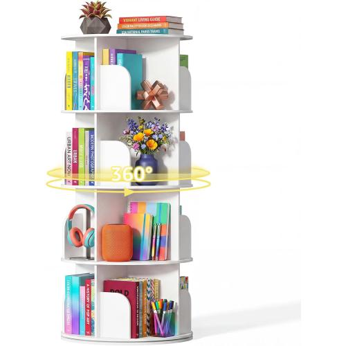 DUMOS 4 Tier Rotating Bookshelf Tower, Round Spinning Bookcase Lazy Susan