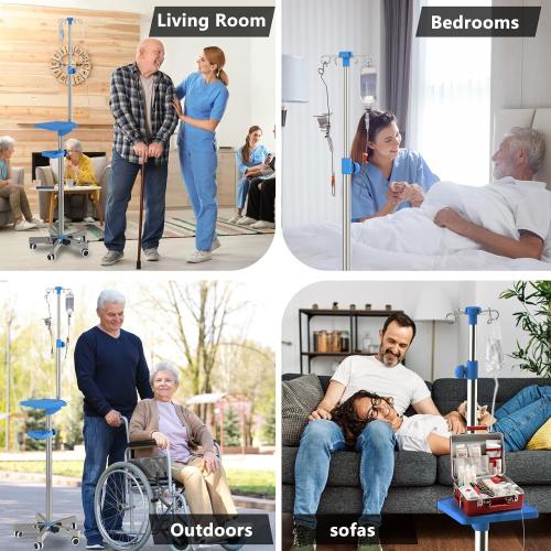 IV Pole with Wheels Medical Portable IV Stand with 4 Hooks and Tray, 52.3“ to 70.8” Height Adjustable, IV Pole Stand for Hospital, Home and Outdoor Use