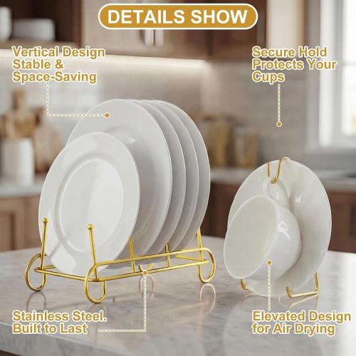 Plate Stands and Cup Holder, 3-Tier Plate Stand for Display and Cup and Saucer Display Stand Holder Metal Dish Rack Cabinet Organizer for Plates Tea Cups Coffee Mug(Gold,8 Pcs)