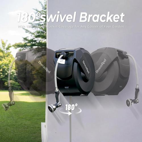Retractable Garden Hose Reel 1/2 inch x 100ft, 3-Ply Reinforced Heavy Duty, Any Length Lock, 180° Swivel Bracket, Slow Return, Auto-Layering, 10 Spray Patterns for Outdoor Watering