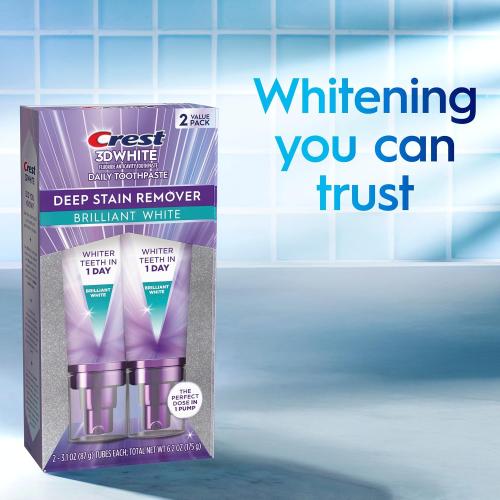 Crest 3D White Deep Stain Remover Brilliant White Toothpaste, 3.1 oz (Pack of 2), Whiter Teeth in 1 Day, Enamel Safe Fluoride Toothpaste for Fast Stain Removal and Prevention