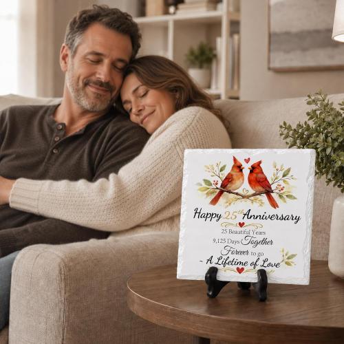 25th Anniversary Couple Gifts, Ceramic Anniversary Plaque with Stand