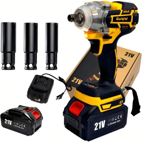 21V Brushless Impact Wrench Set, 1/2 Cordless Power Tool with 2 Lithium Ion Batteries, Charger, Sleeve Adapters and Accessories for Car Maintenance (2Highcapacity battery Toolbox)