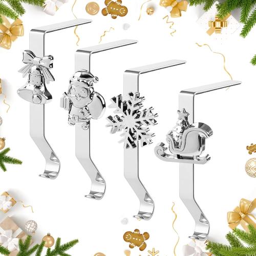 Christmas Stocking Holders, 4 Pack Xmas Stocking Holders Hangers for Mantel Fireplace Metal Stocking Hooks Stand for Christmas Party Decoration, Silver