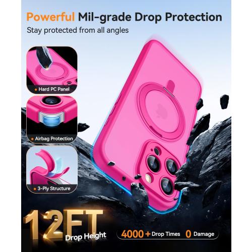 CANSHN 360° Spin Magnetic Stand for iPhone 16 Pro Max Case with Camera Control [Full Camera Protection] [Compatible with Magsafe] Translucent Matte Shockproof Protective Phone Cover 6.9 - Hot Pink