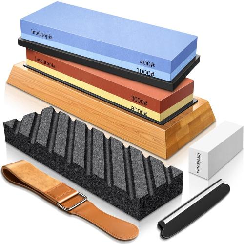 Intelitopia Complete Knife Sharpening Stone Set – Dual Grit Whetstone 400/1000 3000/8000 Knife Sharpener with Leather Strop, Flattening Stone, Bamboo Base, 3 Non-slip Rubber Bases & Angle Guide