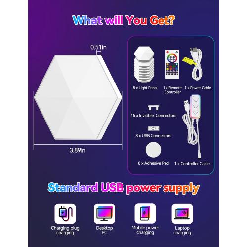 TECKNET Hexagon Light Panel - 8 Pack Smart APP RGB Hexagon LED Lights Wall Lights with Remote Control & Music Sync for Halloween Decor, Gaming Decor