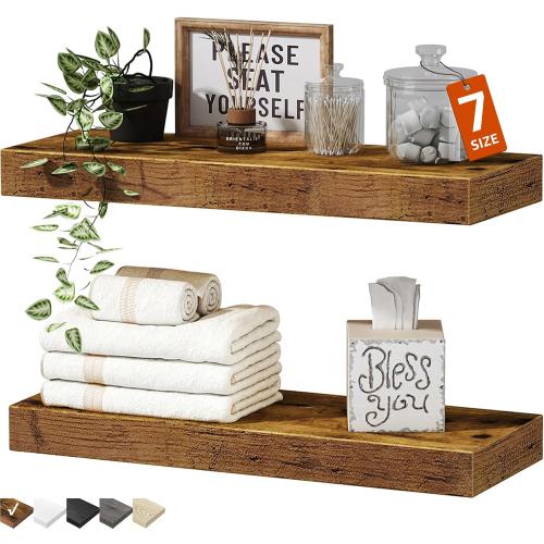 QEEIG Bathroom Floating Shelves for Wall - 15.7 Wall Mounted Shelf Over Toilet Farmhouse Home Decor Display Bookshelf Small 15.7 x 6.7 inch Set of 2, Rustic Brown (008-40BN)