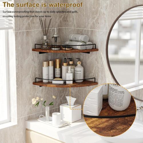 Corner Floating Shelves, Rustic Brown Wood, Set of 2, Wall Mount Storage with Guardrail for Bathroom Kitchen Living Room