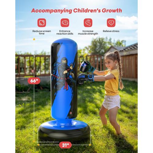 QPAU Punching Bag for Kids, 66 Inch Stable Inflatable Boxing Bag with Boxing Gloves, Stand Kids Punching Bag Toy for Boys & Girls Age 6-12, Boxing Set for Practicing Karate, Taekwondo, MMA