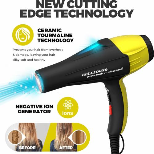 High-Power 2200W Ionic Hair Dryer - Fast-Drying, Constant Temperature Technology, AC Motor - Ideal for Curly Hair Care, Suitable for All Hair Types - HairDryer for Both Women and Men Black/Yellow