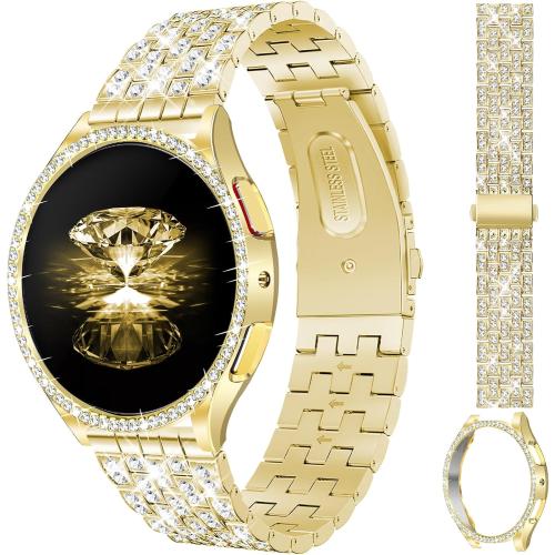 JR.DM Diamond Bands with Bling Case Women ONLY Compatible with Samsung Galaxy Watch 7/6 40mm 44mm, 20mm watch band with Protective Cover Bumper Silver Gold Luxury Metal Bracelet Replacement Strap