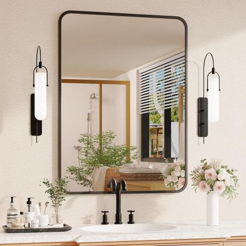 Black Bathroom Mirror for Over Sink - 22×30 Rectangle Bathroom Vanity Mirror Wall Mounted with Matte Aluminum Frame & Rounded Corners, Shatterproof Glass, Horizontal/Vertical