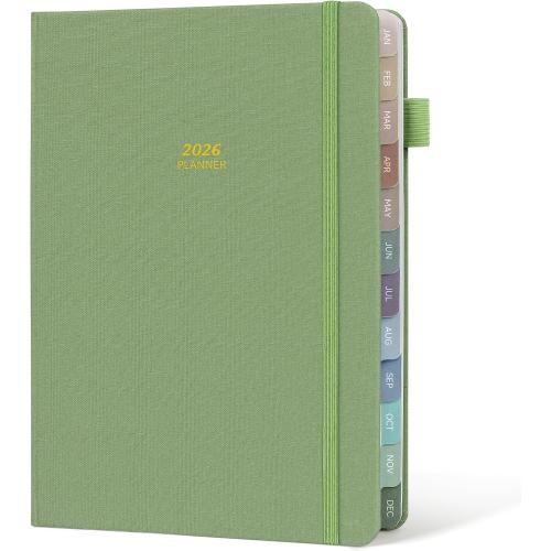 Getink 2026 Planner Weekly & Monthly Daily Agenda Book with Linen cover, 2026 To Do List Notebook with Colorful Monthly Tabs, Inner Pocket, Elastic Closure (Green,5.5 * 8.5)