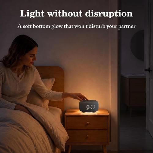 Buffbee Alarm Clock with Sound Machine for Bedrooms – 2-in-1 White Noise Machine for Sleep, Gentle Wake-Up with Soft Alarm Sounds, Ambient Night Light, Plug-in, Sleep Better, Wake Gently