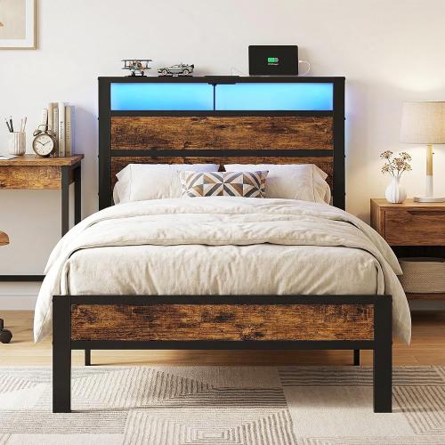 Liians Twin Bed Frame with Storage Headboard USB Charging Station, Smart LED Lights, Metal Platform Bed Easy Assembly, No Box Spring Needed