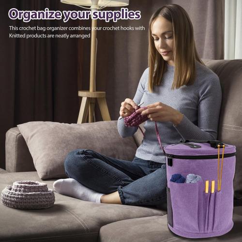 Knitting Bag Yarn Storage, Practical Crochet Bag Organizer with Lid, Portable Yarn Organizer Tote with Handle, Stylish Crochet Bags with Shoulder Strap for Knitting Supplies Crafting (purple)