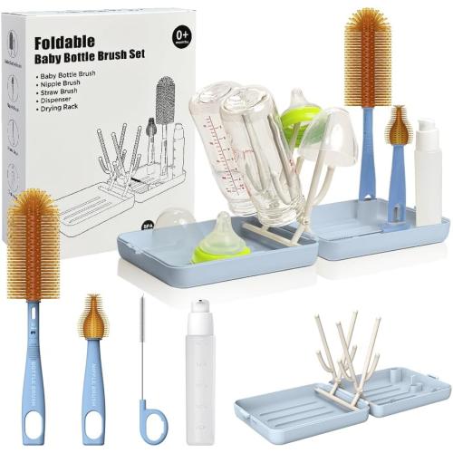 YOTIME Travel Bottle Cleaner Kit with Foldable Bottle Drying Rack, Blue
