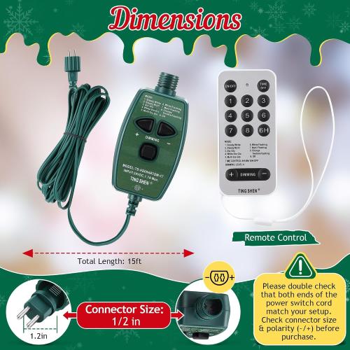 Meonum 1/2 inch Plug Extension Cord for Christmas Tree Lights, Hand Switch with 9 Light Modes Remote, Dimmable, Timer, 15 ft Power Cord Push Button Compatible with TS-8W29V TS-13W29V to TS-48W29V